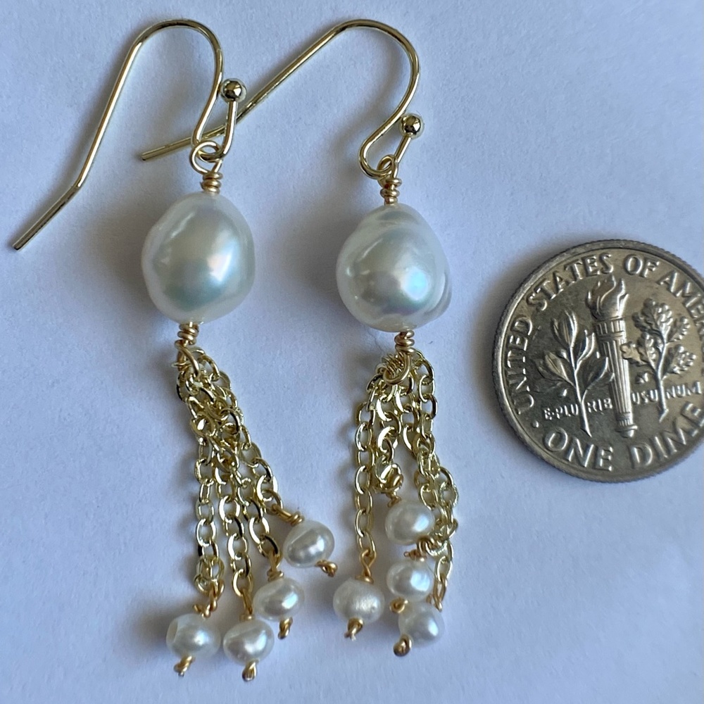 REAL Cultured White Pearl Tassel 14K Gold Plate Dangle Earrings